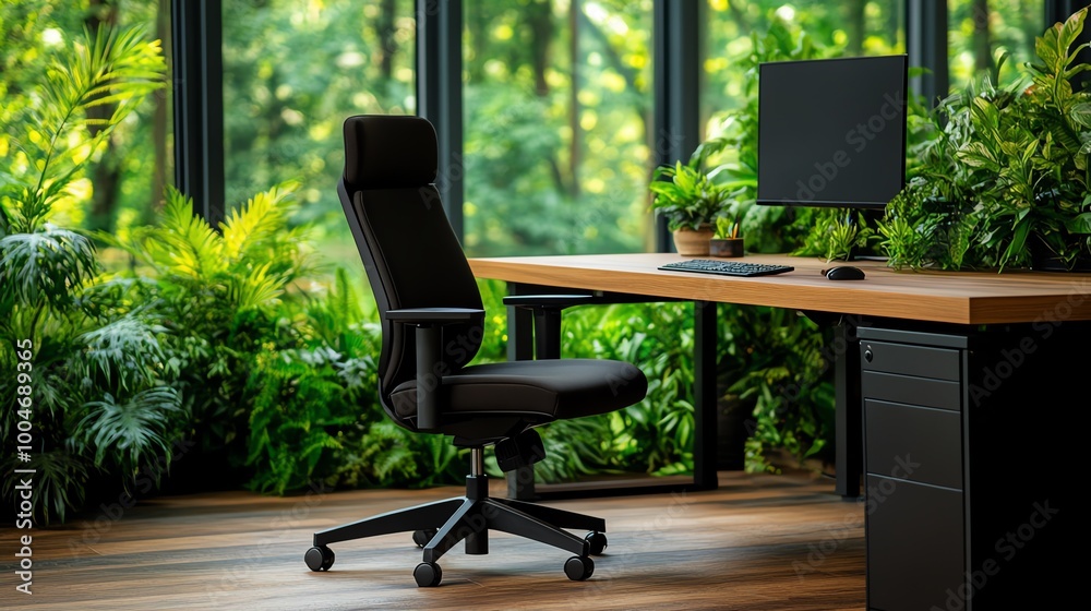 Fototapeta premium Executive chair made from recycled materials, with eco-friendly design elements, positioned in a sustainable office space