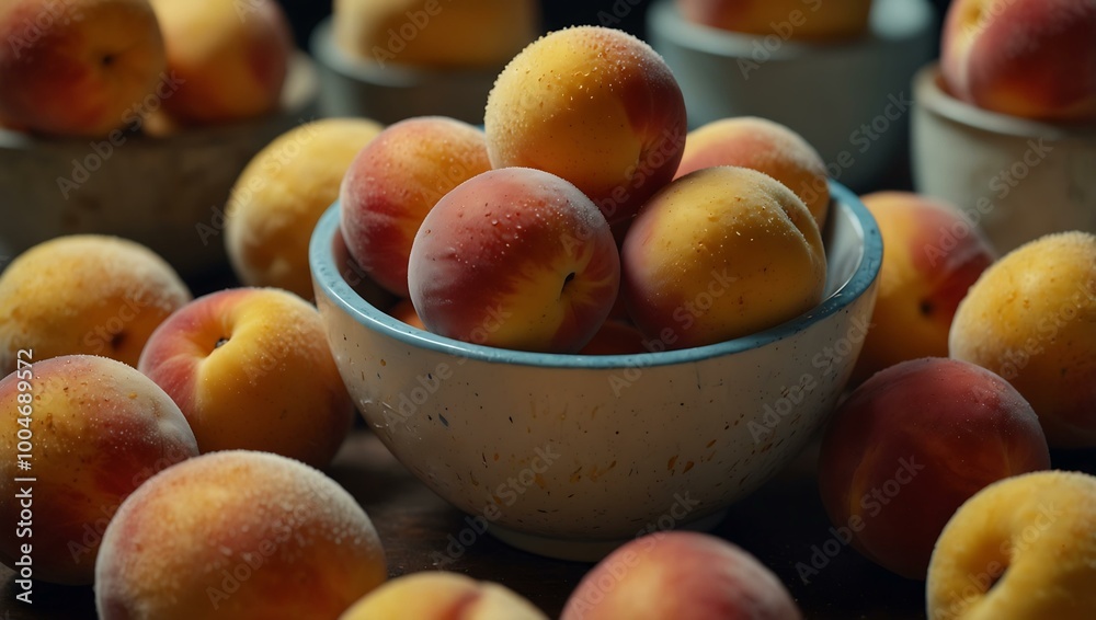 Hyperrealistic video of freshly picked peaches in a bowl. Hyperrealistic video of freshly picked peaches in a bowl.
