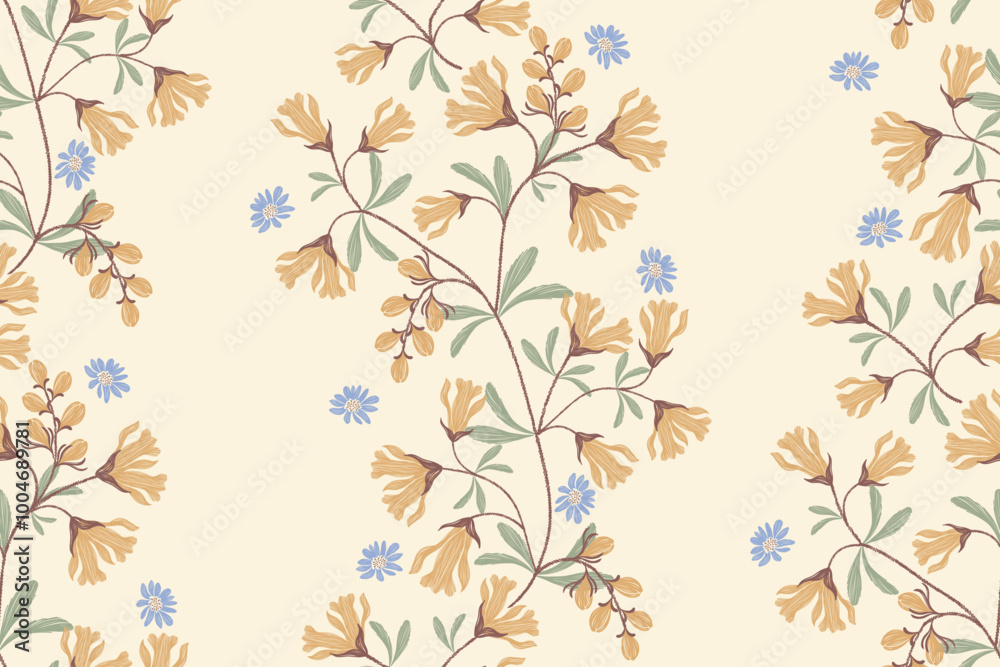 Minimal Floral Pattern.  Vector vintage orange yellow blue flowers on branch embroidery Ikat texture boho design illustration hand drawn flower tapestry motif wallpaper seamless background border.