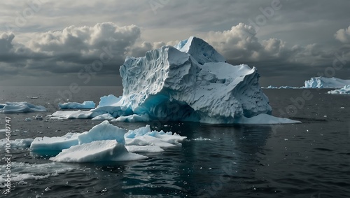 Iceberg collapsing into the ocean, creating a massive splash and symbolizing climate change's impact.