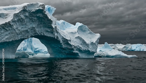 Iceberg collapsing into the ocean, creating a massive splash and symbolizing climate change's impact.