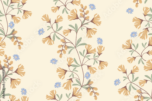 Minimal Floral Pattern.  Vector vintage orange yellow blue flowers on branch embroidery Ikat texture boho design illustration hand drawn flower tapestry motif wallpaper seamless background border.