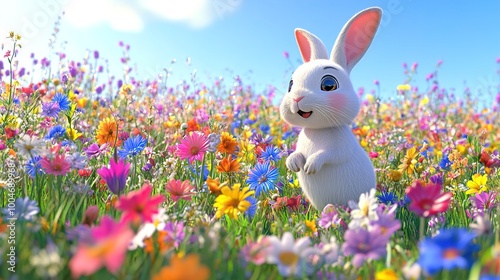 Cute 3D Cartoon Rabbit Hopping Through Flower Field