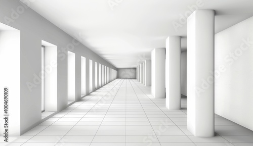 White pencil sketch of modern architecture building with long corridor, white background, perspective view