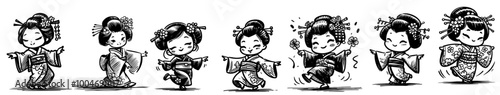 detailed sketch of geisha portraits in traditional attire with elaborate hair accessories black vector