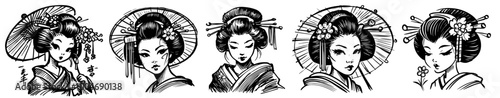 detailed geisha portraits with ornate hair accessories and traditional outfits black vector