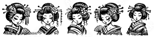 set of geisha illustrations showcasing traditional japanese clothing and hairstyles black vector
