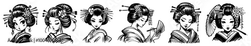 detailed hand-drawn portraits of traditional geisha in elaborate hairstyles black vector