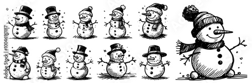 collection of hand-drawn snowman illustrations in various winter outfits black vector