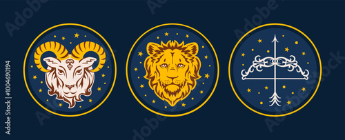 Zodiac Symbols include Aries, Sagittarius and Leo. Astrology Emblems with rich meanings. celestial objects, mystical, space, predict, future, trigon the fire