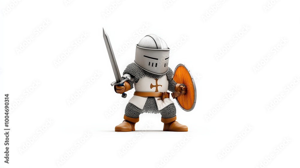 Brave Knight, Ready for Battle: A cartoon-style knight stands ready for battle, wielding a sword and shield with determination in his eyes. This image evokes courage, resilience.