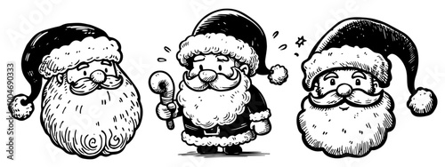 collection of cheerful santa claus portraits in black vector style