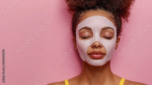 A woman with a facial mask relaxes against a pink background, promoting skincare and self-care.