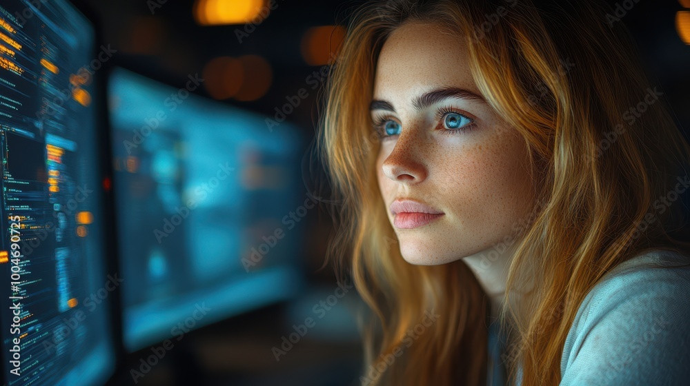 Young woman studying advanced digital data on futuristic glowing screens. Focus on artificial intelligence, modern computing, research, and innovation in high-tech development and technology. Young woman studying advanced digital data on futuristic glowing screens. Focus on artificial intelligence, modern computing, research, and innovation in high-tech development and technology.