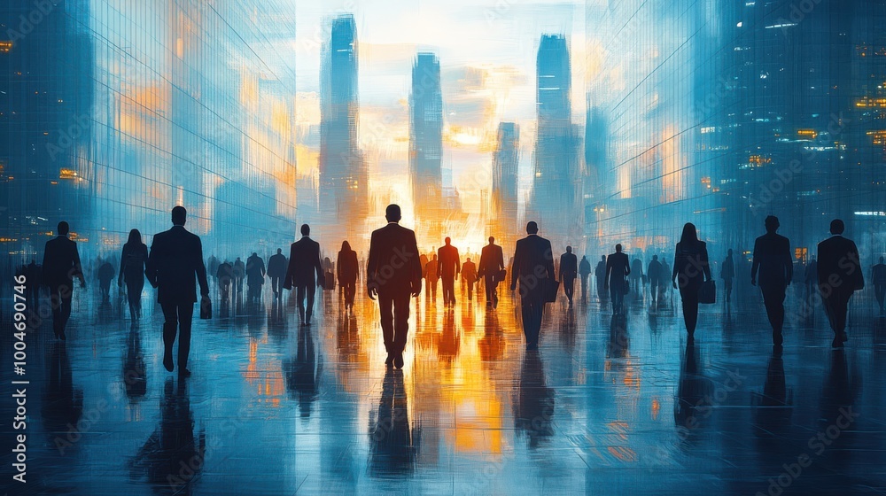 Silhouetted business people walking through a futuristic cityscape. Corporate professionals, urban environment, modern business world, and city life at dawn. Silhouetted business people walking through a futuristic cityscape. Corporate professionals, urban environment, modern business world, and city life at dawn.