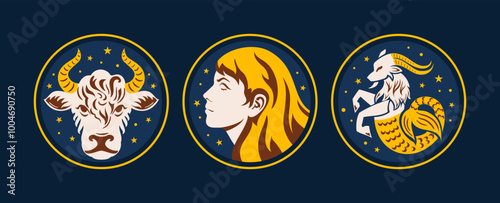 Stylized zodiac signs featuring of Zodiac Signs Taurus, Virgo, and Capricorn. celestial designs presented in a vibrant, eyecatching layout. trigon the earth