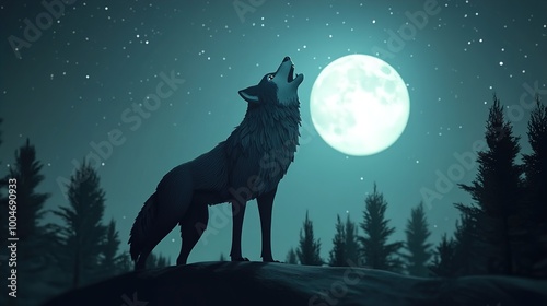 Cartoon Wolf Howling Under a Full Moon Night Sky