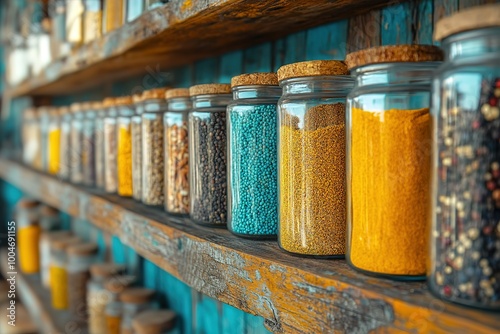 A shelf full of glass jars with various spices