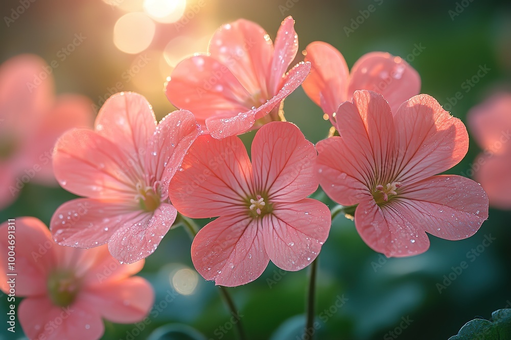Obraz premium A group of pink flowers with dew drops on them