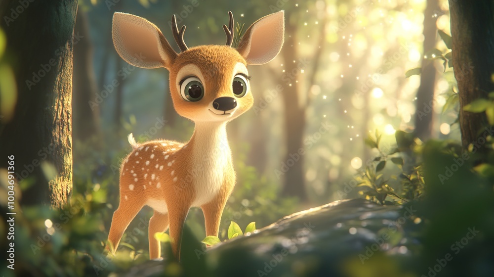 Friendly Cartoon Deer in a Magical Forest Setting Friendly Cartoon Deer in a Magical Forest Setting