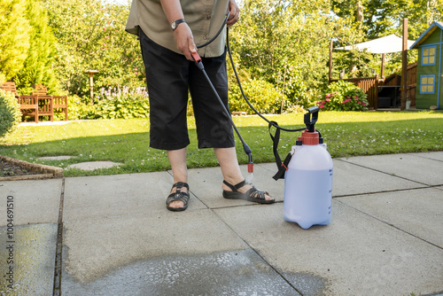 Woman spraying gray concrete patio paving slabs with liquid weed killer from pressurized plastic tank and handheld nozzle, with grass lawn in background photo