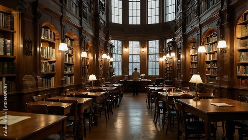 Individual studying in a warmly lit library filled with books.