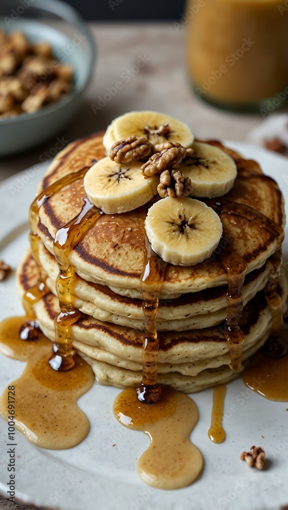 Indulgent banana walnut pancakes drizzled with maple syrup for a cozy brunch.