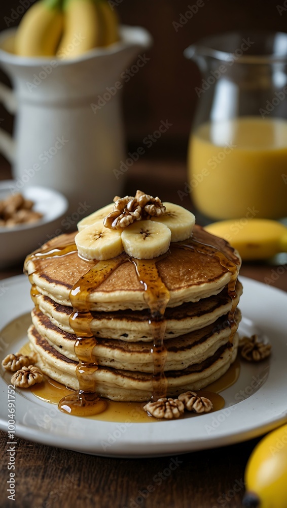 Indulgent banana walnut pancakes drizzled with maple syrup for a cozy brunch.