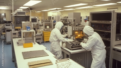 Scientists in protective gear working on advanced laboratory equipment in a clean room during a research project