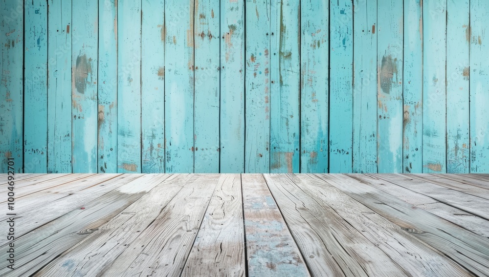 Wooden wall with blue paint and worn wood floor, backdrop for product photography, wide shot, studio light Wooden wall with blue paint and worn wood floor, backdrop for product photography, wide shot, studio light