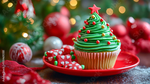 cupcake in the shape of a Christmas tree, on a red plate, next to the cupcake are small candies in the shape of gifts