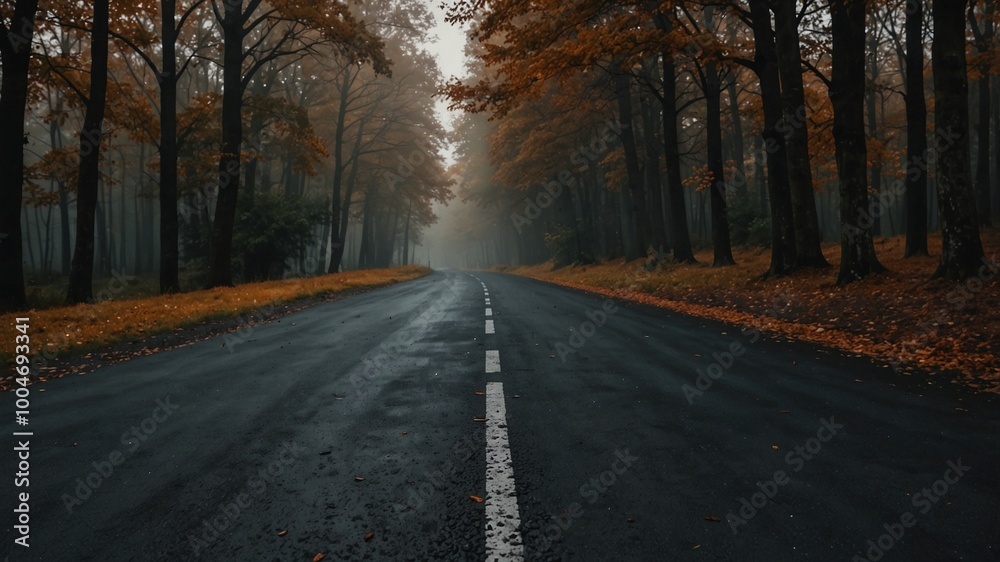Fototapeta premium Close-up of the autumn-themed forest road from the asphalt