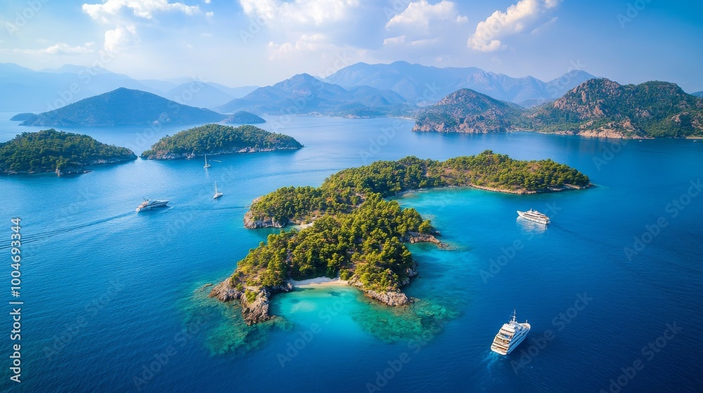 Naklejka premium Turkish Maldives Yassica Islands Drone Photo, Gocek Fethiye, Mugla Turkiye (Turkey)