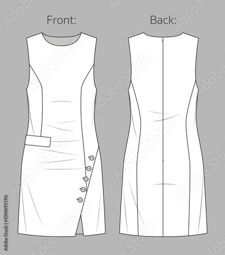 Vector woman office sleeveless dress with buttons and slit fashion CAD, round neck shift dress technical drawing, template, flat, sketch. Linen fabric dress with front, back view, white color