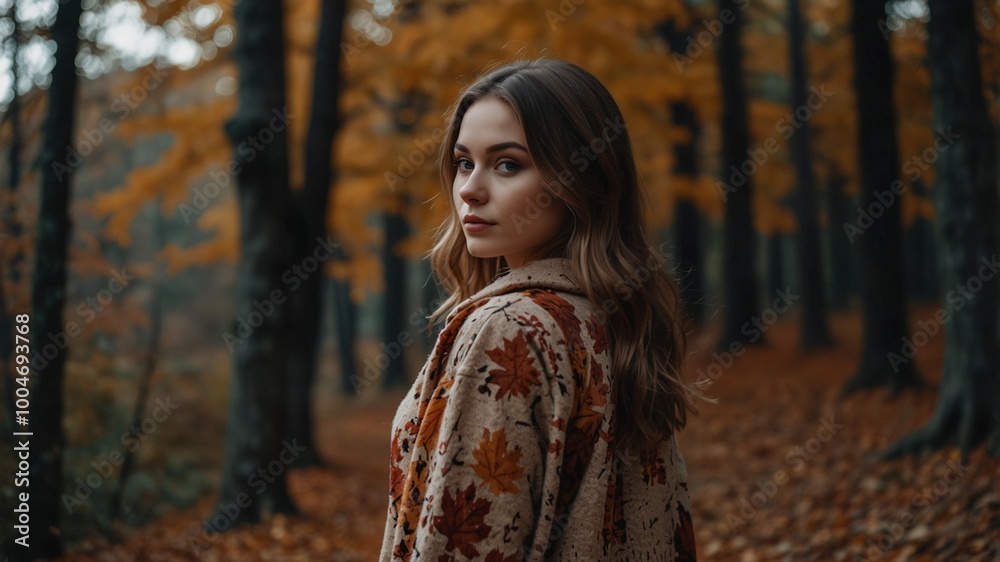 Cinematic image of a very young and beautiful woman from behind in the woods with autumn theme Cinematic image of a very young and beautiful woman from behind in the woods with autumn theme