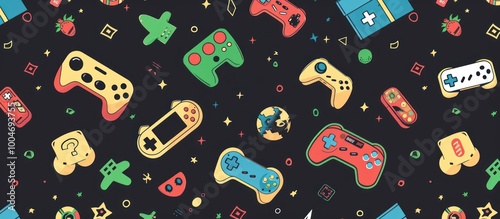 Pattern with retro game joy pad controllers on dark background