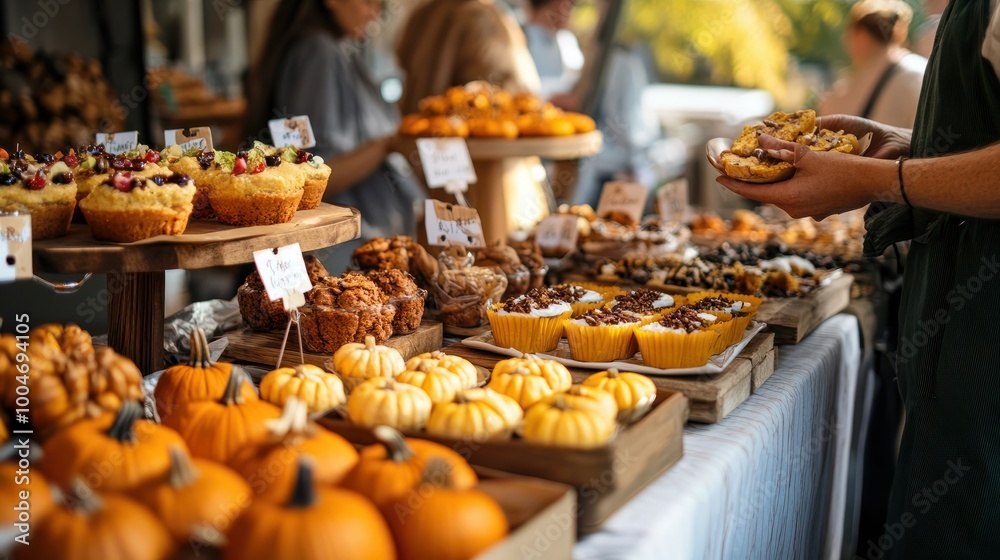 Fototapeta premium People at a Thanksgiving charity bake sale, selling and buying healthy pumpkin-based treats and vegan desserts