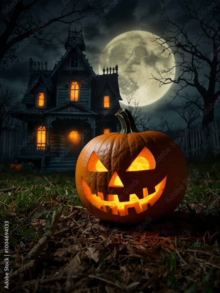 Jack-o'-lantern glowing near a haunted house backdrop. Jack-o'-lantern glowing near a haunted house backdrop.