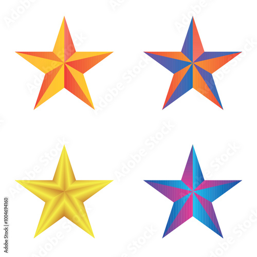 Set of four colorful 3D star icons with vibrant yellow, orange, blue, and purple tones. Perfect for awards, achievements, game design, or decorations, adding a bright, standout element to any project.