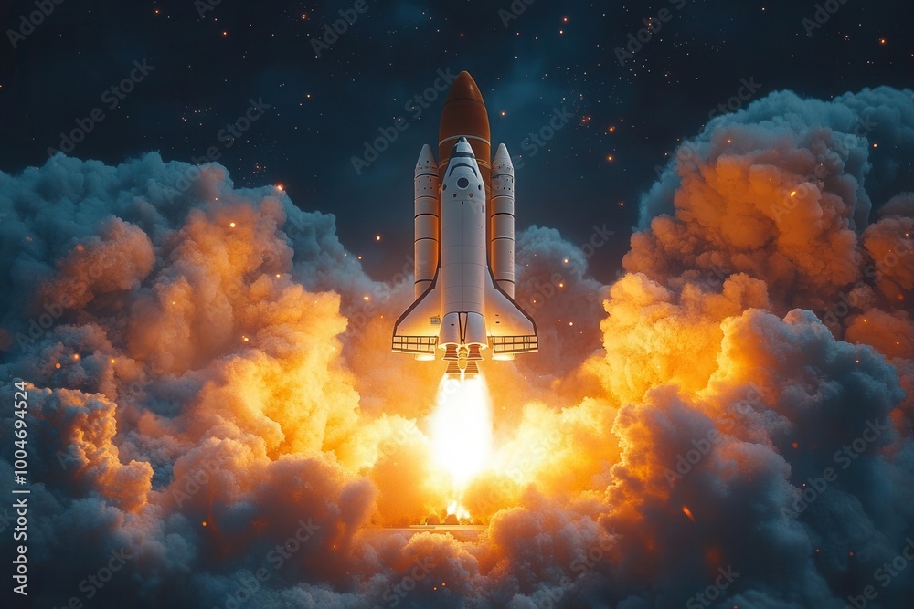 Naklejka premium a dynamic rocket blasts out of a laptop screen against a striking blue backdrop symbolizing innovation and creativity the empty text space invites personalization fueling imagination