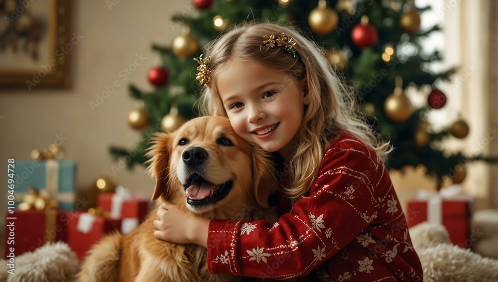 Joyful child hugging a Golden Retriever by a decorated Christmas tree. Joyful child hugging a Golden Retriever by a decorated Christmas tree.