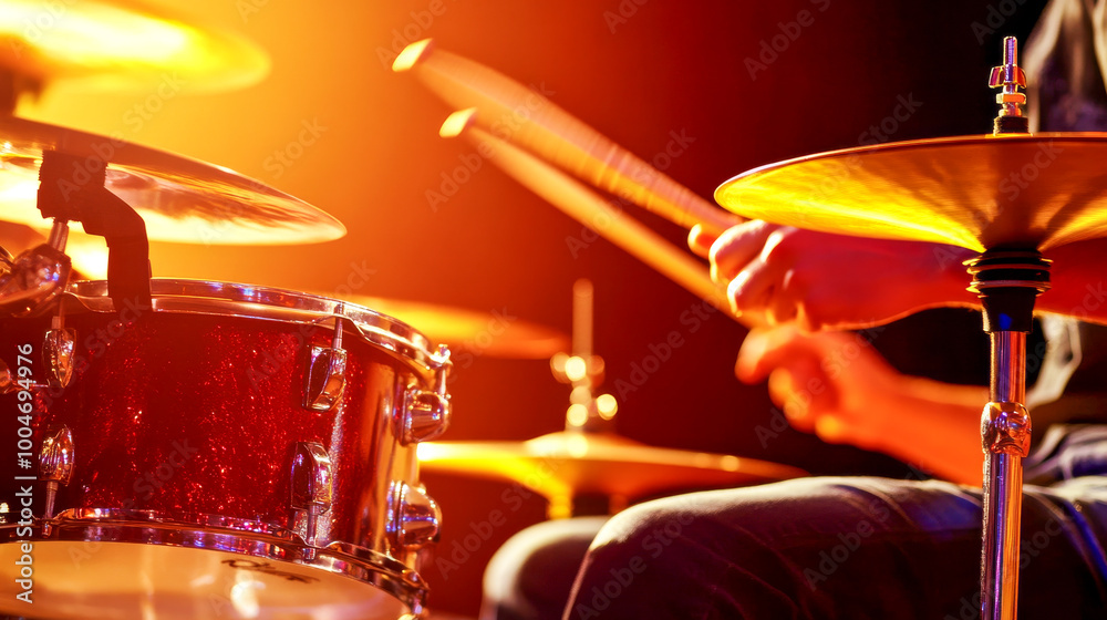 Obraz premium Drum Solo in the Spotlight: A close-up of a drummer's hands, captured in a dazzling stage light, showcasing the rhythm and energy of a live performance. 