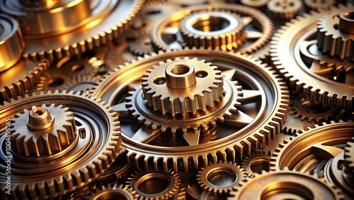 Highly detailed close-up of four interlocking gears in motion, showcasing intricate mechanisms and subtle metallic texture, conveying precision and industrial efficiency. photo