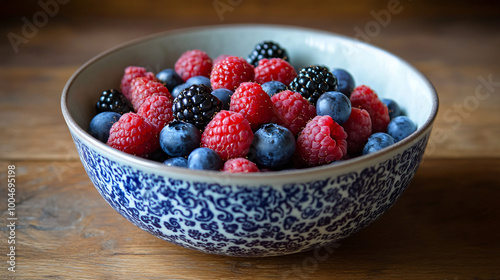 A fresh bowl of mixed berries, including blueberries, raspberries, and blackberries.