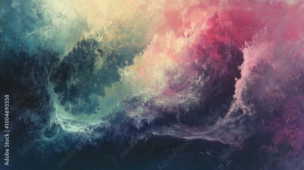 Fototapeta premium An abstract, colorful landscape with swirling clouds and textures, resembling a stormy seascape