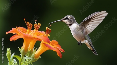 A hummingbird in flight with its beak extended to sip nectar from an orange trumpet flower. photo