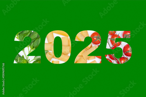 Colorful 2025 design on a bright red background with bright numbers filled with images of basil, pasta and tomatoes