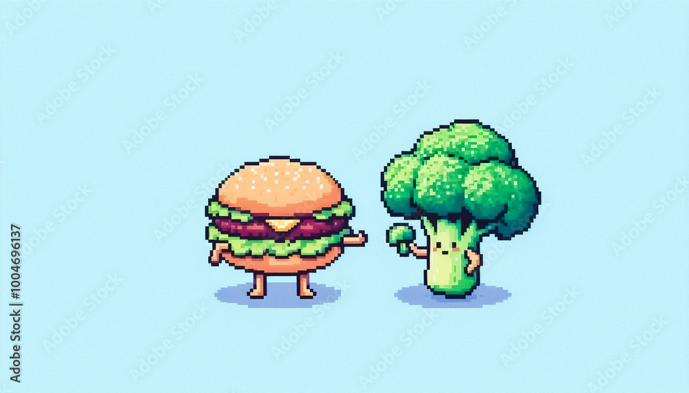 Illustration against light background with space for text, pixel art style Illustration against light background with space for text, pixel art style