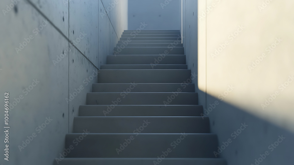 Modern minimalist staircase with sleek lines and sharp shadows against a concrete wall Modern minimalist staircase with sleek lines and sharp shadows against a concrete wall