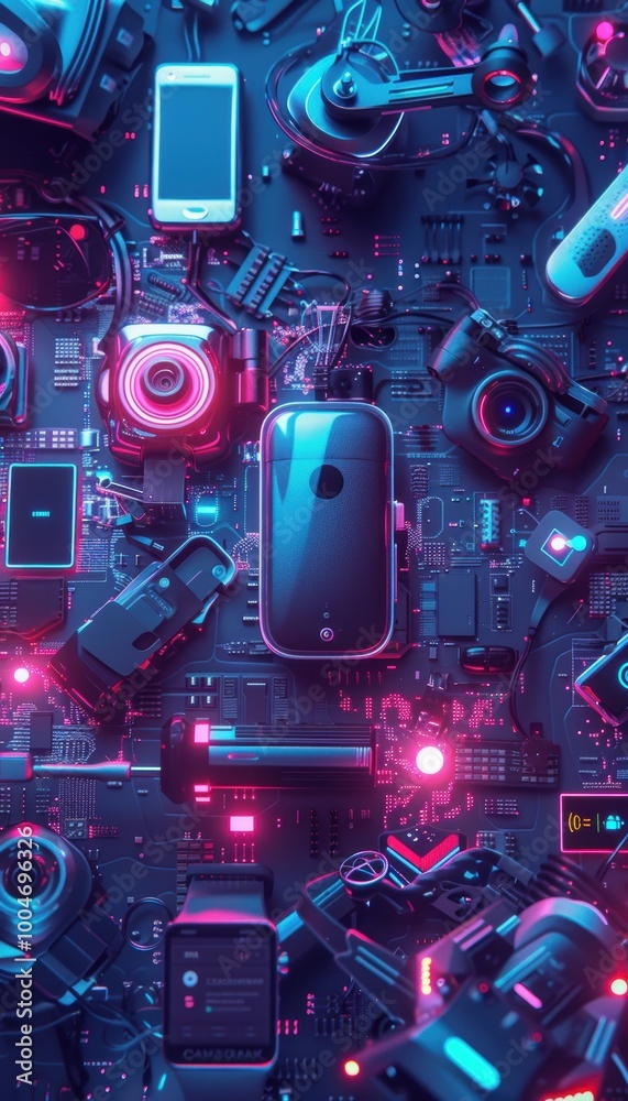 Fototapeta premium Futuristic Cyber Monday Ad Featuring Advanced Tech Gadgets with Neon Accents and Glitch Effects
